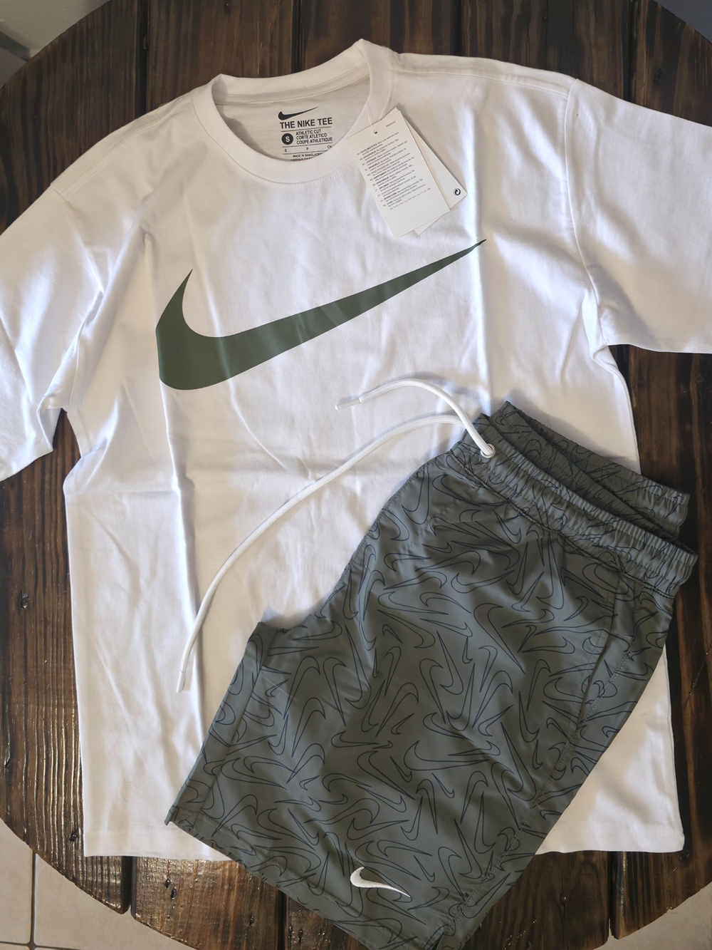 Nike Men’s White Tee & Olive Swim Shorts Set (Small,)